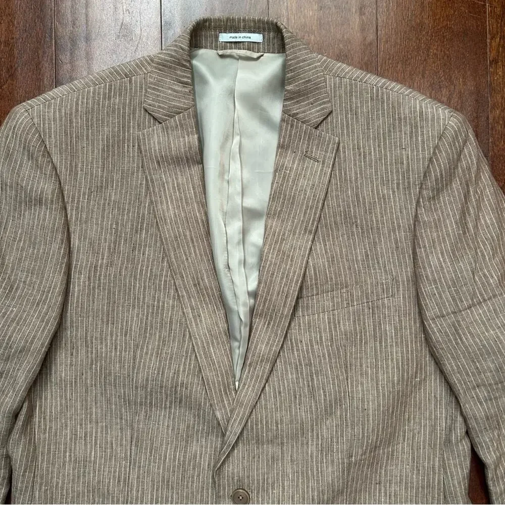 Bar III 100% Linen Light Brown Pinstripe Blazer, Size 42L